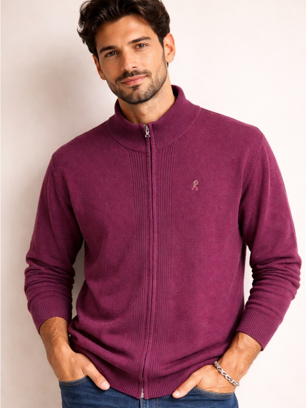 Vintage Roberta di Camerino Full Zip Sweater Burgundy Wool Italy Men’s L